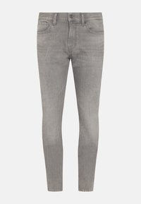 Jeans in denim grigio con una vestibilità slim, dotati di un classico design a cinque tasche, chiusura frontale con bottone e leggere sfumature su tutto il tessuto.
