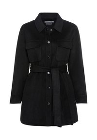 Svart, långärmad skjortjacka med krage, två framfickor, bälte med knytning och knappstängning, tillverkad av ett mjukt tyg.