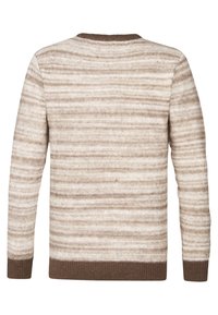 Gestreifter Pullover in Creme- und Brauntönen, aus weichem Stoff gefertigt. Mit langen Ärmeln, Rundhalsausschnitt sowie gerippten Bündchen und Saum.