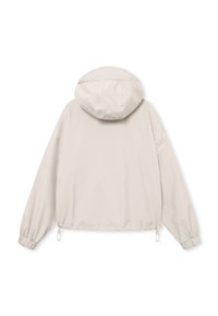 Beige lightweight hooded jacket with long sleeves, elastic cuffs, and adjustable drawstrings at the hem, shown from the back.