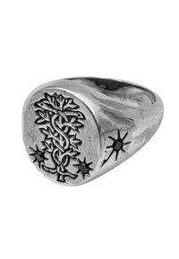 Anello sigillo in argento con superficie texturizzata, design di un albero inciso intrecciato con due stelle e una fascia lucida.