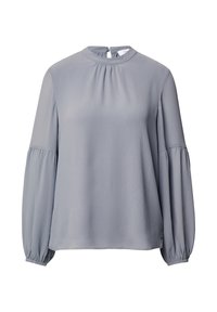 Graue Bluse mit langen Ärmeln, hohem Kragen und gerafften Details. Hergestellt aus glattem Stoff mit leichtem Glanz und elastischen Bündchen. Reißverschluss auf der Rückseite.