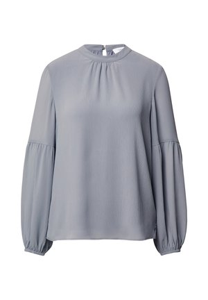 Grijze blouse met lange mouwen en hoge hals met geplooid detail. Gemaakt van een gladde stof met een lichte glans en elastische manchetten. Rits aan de achterkant.