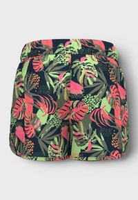 Wielokolorowe szorty na czarnym tle, z tropikalnym wzorem liści w odcieniach różu, zieleni i pomarańczu. Elastyczny pas z subtelnymi detalami szwów.