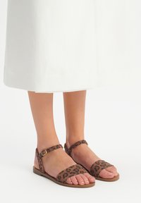 Brązowe sandały na płaskiej podeszwie w wzór lamparta, z dwoma paskami, zapięciem na kostkę i gumową podeszwą. Gładka tekstura i otwarty nos.