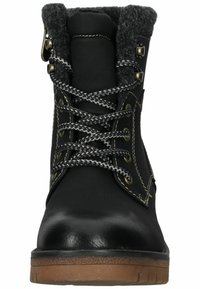 Black leather ankle boot with gray textile lining, metallic eyelets, and patterned laces. Flat brown rubber sole with textured grip.