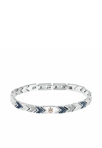 Bracciale in acciaio inossidabile con motivi a zigzag alternati in argento e blu navy, con un emblema in oro rosa al centro.