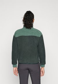Person with curly hair in a ponytail wearing a dark green and lighter green fleece jacket and dark pants, facing away against a plain background.