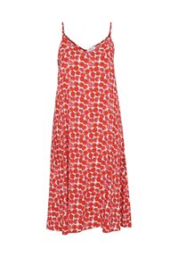 Robe sans manches rouge et rose à fleurs, avec fines bretelles et coupe ample et fluide.