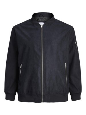 Zwarte bomberjack met een gladde textuur, rits aan de voorkant, ribgebreide manchetten en zoom, en zijzakken. Kenmerkt zich door een minimalistisch ontwerp zonder patronen.