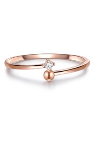 Rožu zelta gredzens ar gludu, plānu joslu, mazu dimanta centrālo elementu un noapaļotu bumbiņas akcentu vienā pusē.