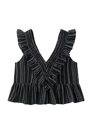 Haut court noir sans manches avec des rayures verticales blanches, col en V profond et bordure à volants le long du décolleté et de l'ourlet.