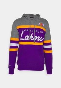 Felpa con cappuccio viola e grigia con accenti a righe arancioni e bianche. Presenta la scritta "LOS ANGELES Lakers" in bianco e tasche laterali.