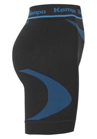 Shorts de compression noirs avec un motif à rayures bleues et un logo. Le matériau extensible présente une large taille pour un maintien sécurisé.