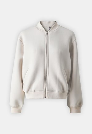 Beige zip-up bomberjakke med rund krave, to forlommer, ribbede manchetter og kant, lavet af blødt, glat stof.