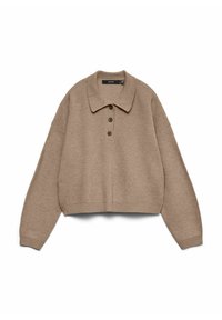 Iespiests, beidzies adīta puloveris ar polo apkakli, trim brūniem pogām un pārāk lielām piedurknēm, ar ribu tekstūru un apakšmalu.