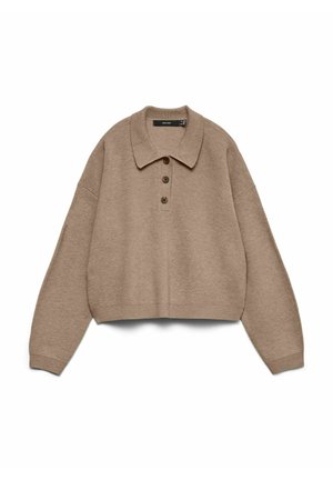 Skraćeni, bež pleteni pulover s polo kragnom, tri smeđa dugmeta i prenaglašenim rukavima, s rebrastom teksturom i rubom.