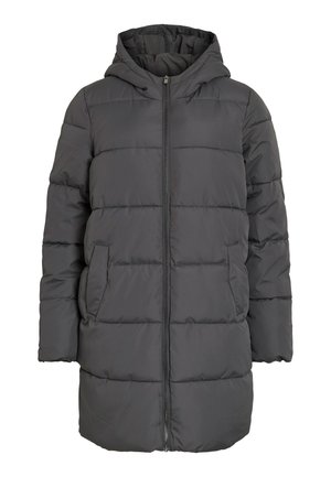 Graue Steppjacke mit Kapuze, Frontreißverschluss, horizontalem Steppmuster, zwei seitlichen Taschen und mittlerer Länge.