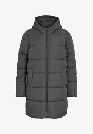 Siva jakna s kapuljačom, prošivena vodoravnim uzorkom, s prednjim patentnim zatvaračem, dva bočna džepa i duljinom do pola bedara.