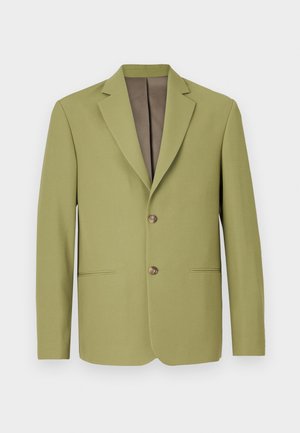 Blazer verde măsliniu cu un design structurat, rever tip notch, două buzunare frontale și o căptușeală interioară maro. Dispune de închidere cu două butoane.