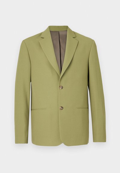 Olive green blazer with a structured design, notch lapels, two front pockets, and a brown interior lining. Features two-button closure.