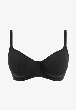 Zwarte onderwire bh gemaakt van glad materiaal, met voorgestoomde cups, verstelbare banden en een naadloos ontwerp.