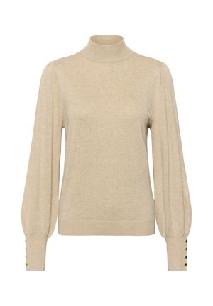 Pulover bej cu mâneci lungi, guler înalt, mâneci bufante și nasturi aurii pe manșete, expus pe un fundal alb.