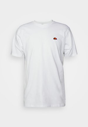 Valge puuvillane T-särk, millel on vasakul rinnapooles väike, tikitud mitmevärviline logo, klassikalise ümar kaeluse ja lühikeste varrukatega.