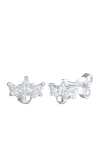 Ohrringe aus Sterlingsilber in Form von Kronen, die jeweils drei mandelförmig geschliffene, klare Kristalle enthalten, mit einer polierten Oberfläche.