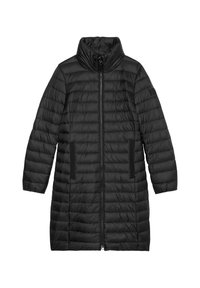 Sort puffet jakke med høj krave, med lynlås foran, lodret quiltet mønster og sidelommer. Glat, letvægtsmateriale.