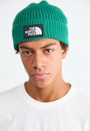 Jeune personne portant un bonnet en maille côtelée verte avec un logo "The North Face" noir et blanc, vêtue d'un t-shirt blanc uni.