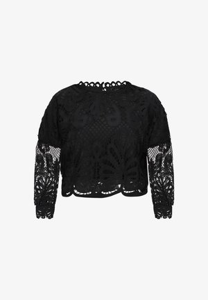 Schwarzes, kurzes Spitzentop mit langen Ärmeln, das florale und geometrische Muster, einen runden Ausschnitt und ein strukturiertes Design aufweist.