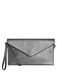 Metallic gray envelope clutch with a smooth texture, featuring a flap closure and detachable wrist strap. Compact and rectangular design.