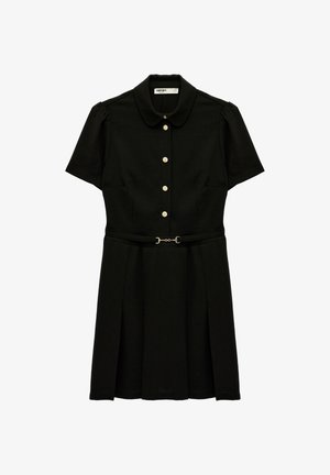 Sort kortærmet kjole med Peter Pan-krave, guldknapper foran, figursyet talje med tyndt bælte og plisseret skørt.