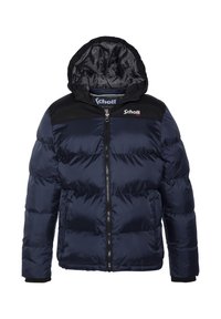 Marineblaue Steppjacke mit Kapuze, ausgestattet mit einem schwarzen Schulterpaneel, Frontreißverschluss und elastischen Bündchen. Hergestellt aus glänzendem Nylonstoff.
