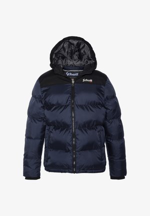 Marineblaue Steppjacke mit Kapuze, ausgestattet mit einem schwarzen Schulterpaneel, Frontreißverschluss und elastischen Bündchen. Hergestellt aus glänzendem Nylonstoff.