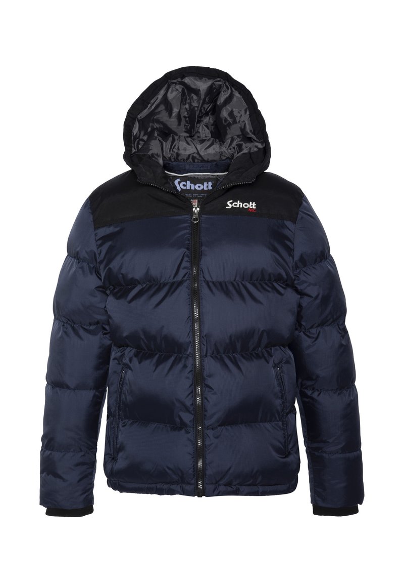 Marineblaue Steppjacke mit Kapuze, ausgestattet mit einem schwarzen Schulterpaneel, Frontreißverschluss und elastischen Bündchen. Hergestellt aus glänzendem Nylonstoff.