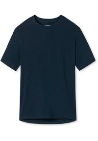 Mörkblå kortärmad T-shirt i bomull med rund halsringning, med rak fåll och en jämn textur. Minimalistisk design.