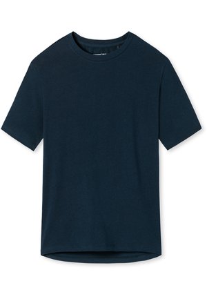 Mörkblå kortärmad T-shirt i bomull med rund halsringning, med rak fåll och en jämn textur. Minimalistisk design.