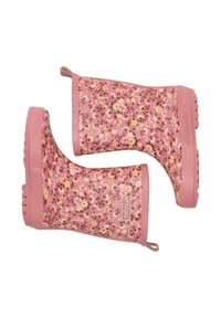 Stivali da pioggia floreali rosa con finitura lucida, dotati di una suola testurizzata e accenti rosa. Il design include piccoli fiori gialli e bianchi.