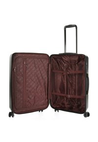 Maleta rígida negra con un interior de dos compartimentos, forro marrón, bolsillo con cremallera y correas para organizar el contenido.