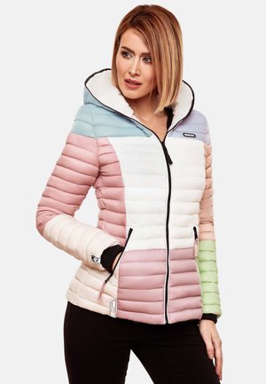 Padded jacket with hood featuring pastel colors: light blue, pink, white, and green. Quilted texture and zippered front pockets.