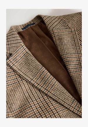 Brown houndstooth blazer with a textured weave, featuring a smooth brown lining with subtle floral patterns. Notched collar and tailored fit.