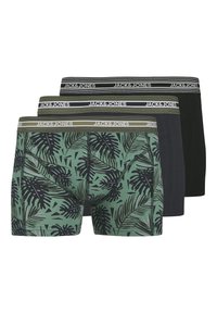 Drie paar herenboxers: één met een groen tropisch bladpatroon, één in donkergrijs en één in zwart. Allemaal voorzien van elastische Jack & Jones taillebanden.