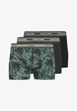Trois paires de boxers pour hommes : une avec un motif de feuilles tropicales vertes, une en gris foncé, et une noire. Tous sont dotés d'une ceinture élastique Jack & Jones.