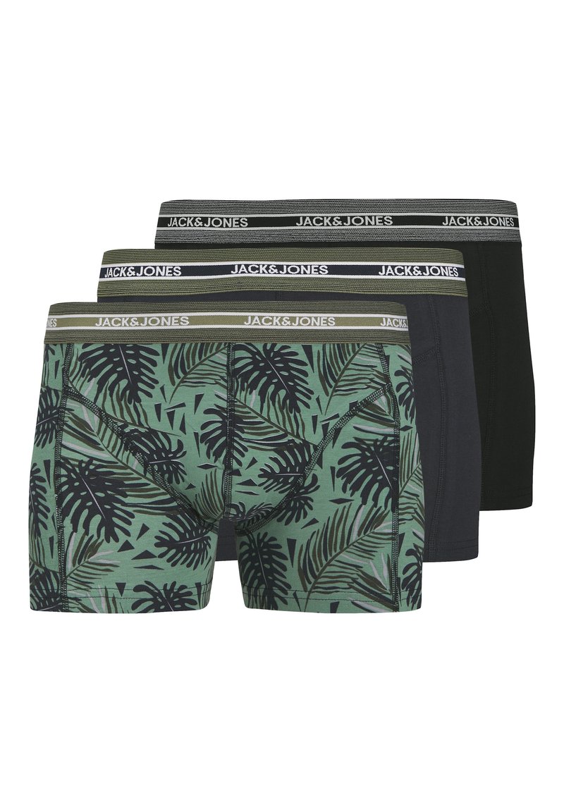 Drie paar herenboxers: één met een groen tropisch bladpatroon, één in donkergrijs en één in zwart. Allemaal voorzien van elastische Jack & Jones taillebanden.