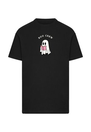 Black cotton t-shirt featuring a white ghost graphic holding a pink book, with the text "BOO CREW" above in white lettering. Short sleeves, crew neck.