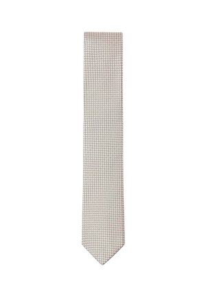 Corbata de hombre color beige claro con un pequeño patrón geométrico oscuro repetido uniformemente distribuido por toda la tela.