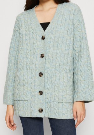 Vaaleansininen paksu neuleliivi, jossa on kaitaleita, etutaskut ja kilpikonnankuoren napit. Se on päällä tummien farkkujen ja mustan paidan kanssa.