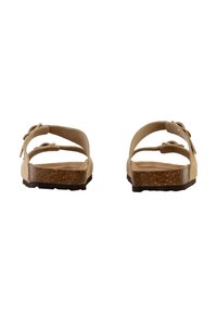 Beige sandaler med to justerbare stropper, lavet af ruskind, med en korksål og mønstret tekstureret ydersål.